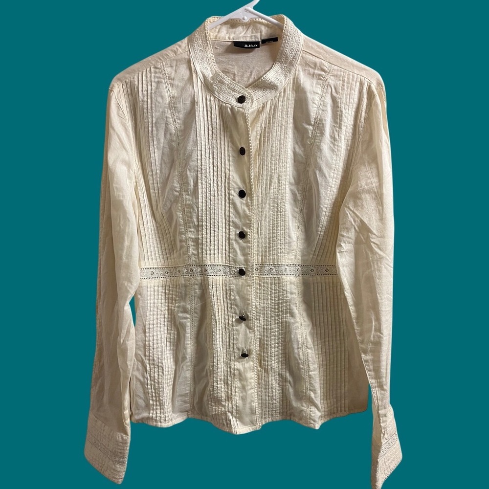 a.n.a Pintuck Eyelet Lace Blouse Womens Large Ivory Button Down Tie Back Boho